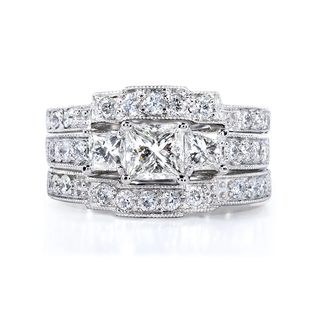 1-7/8ct.tw Natural Princess Diamonds 3-Stone Vintage Fashion Bridal Stack