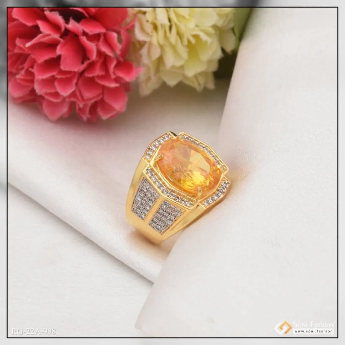 1 Gram Gold Forming Orange Stone Cute Design Best Quality Ring for Men - Style A998