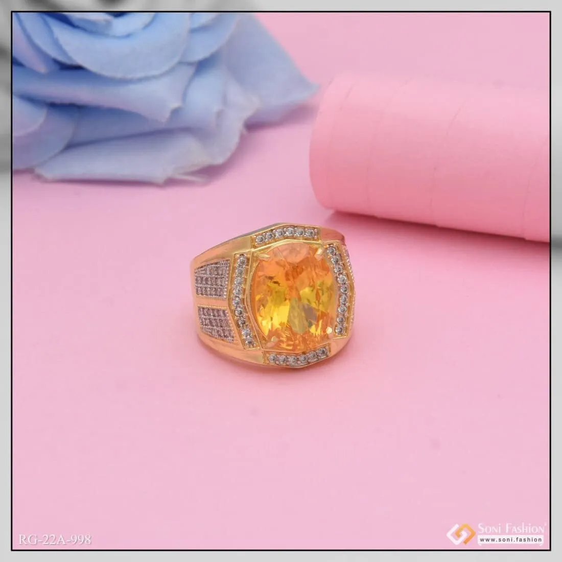 1 Gram Gold Forming Orange Stone Cute Design Best Quality Ring for Men - Style A998