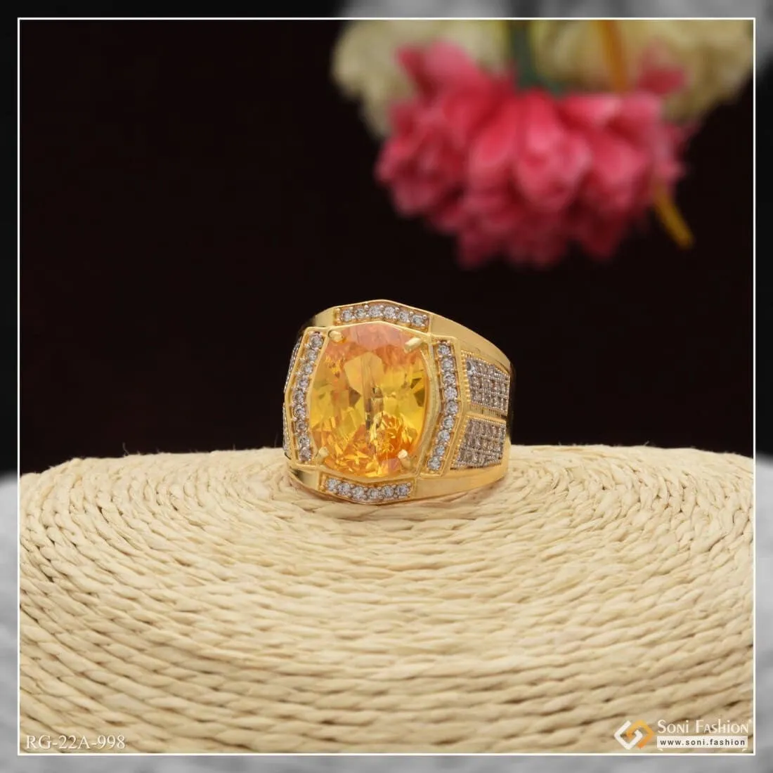 1 Gram Gold Forming Orange Stone Cute Design Best Quality Ring for Men - Style A998