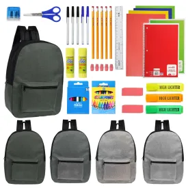 12 Wholesale 17" Backpacks in Gray Colors & 12 Bulk School Supply Kits