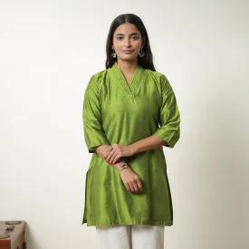 Aaliya Green Slub Silk Short Plain Kurta