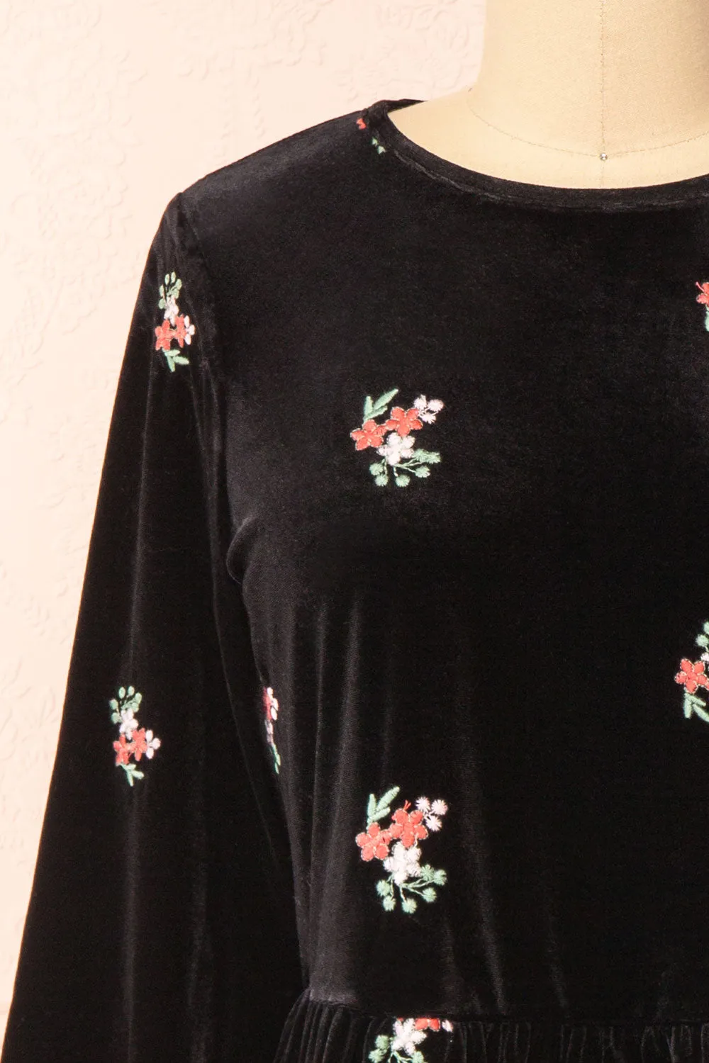 Aerelia | Black Short Velvet Dress w/ Floral Embroidery