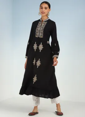 Black Long Geometrical Embroidered Dress with Frilled Hem