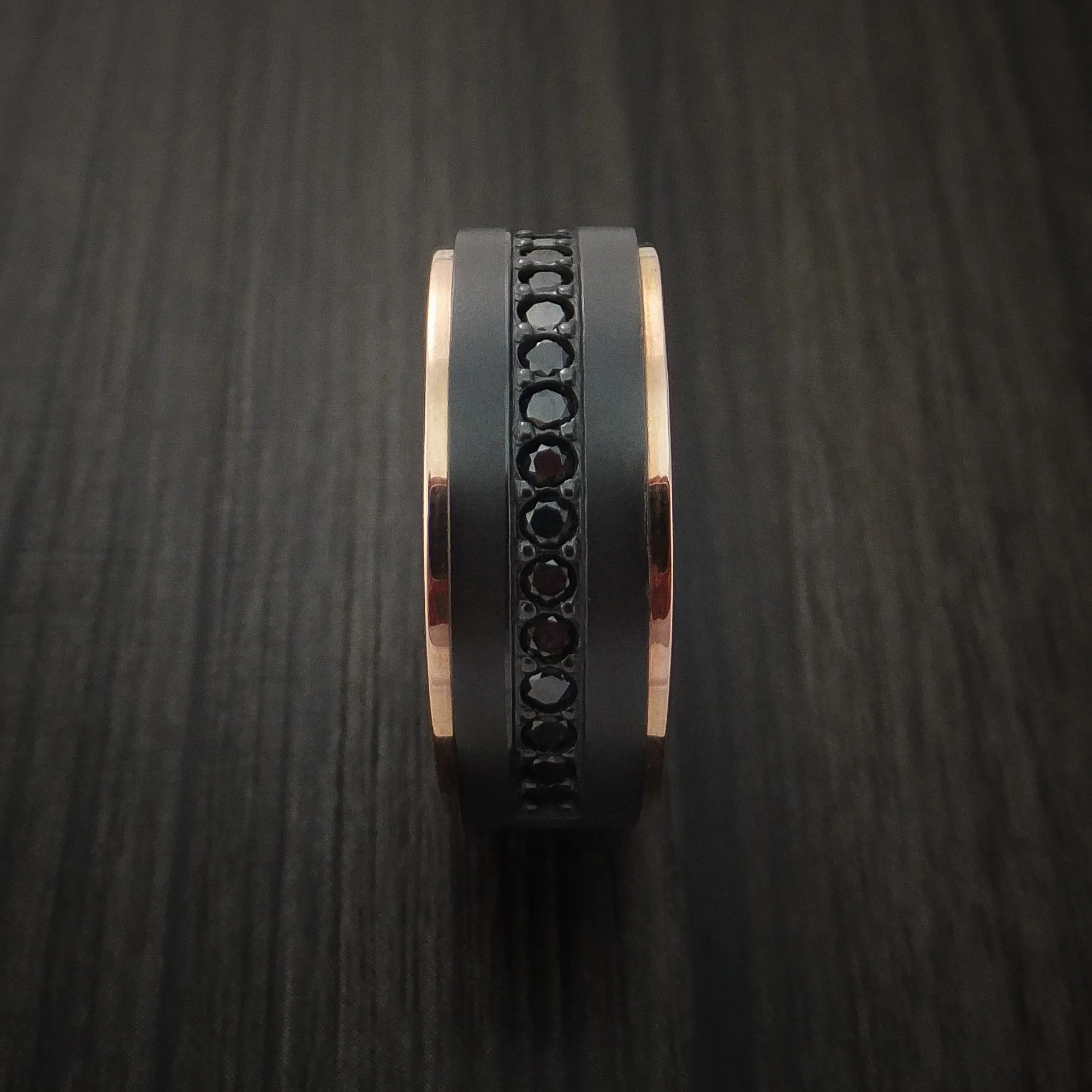 Black Titanium and 14K Rose Gold Band with Black Diamonds Custom Made Men's Ring