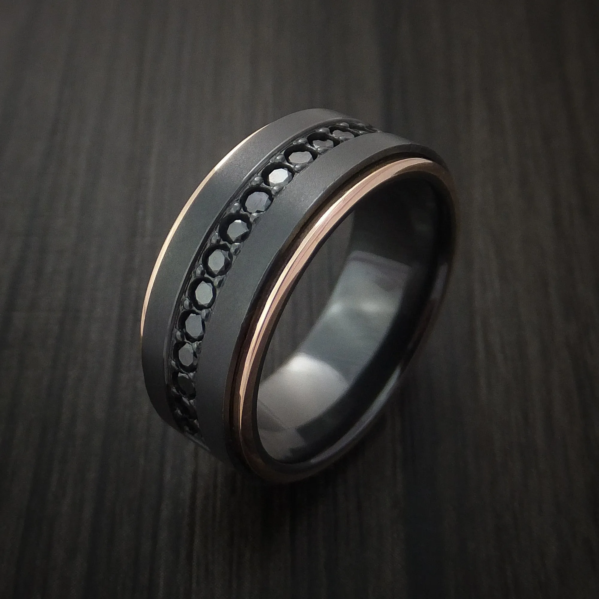 Black Titanium and 14K Rose Gold Band with Black Diamonds Custom Made Men's Ring