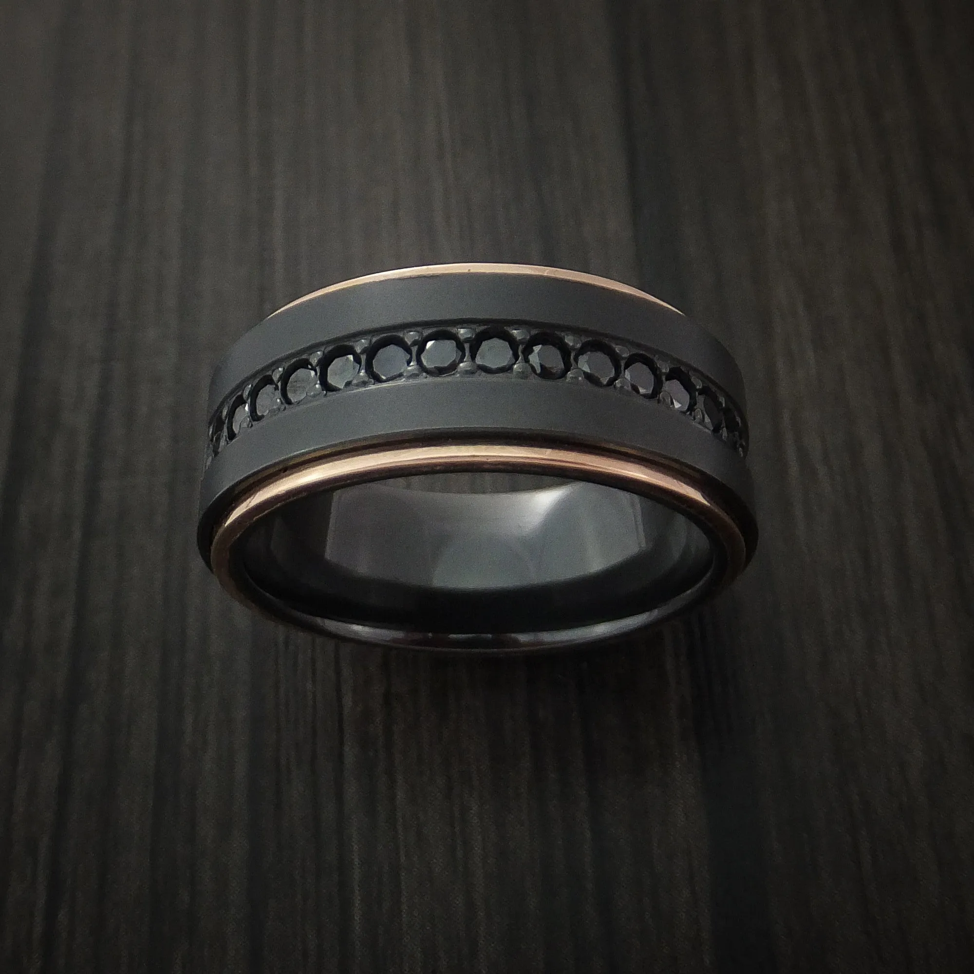 Black Titanium and 14K Rose Gold Band with Black Diamonds Custom Made Men's Ring