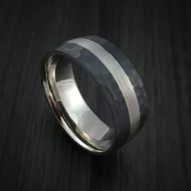 Black Titanium Hammered Men's Ring with 14K White Gold Sleeve and Platinum Inlay Custom Made Wedding Band