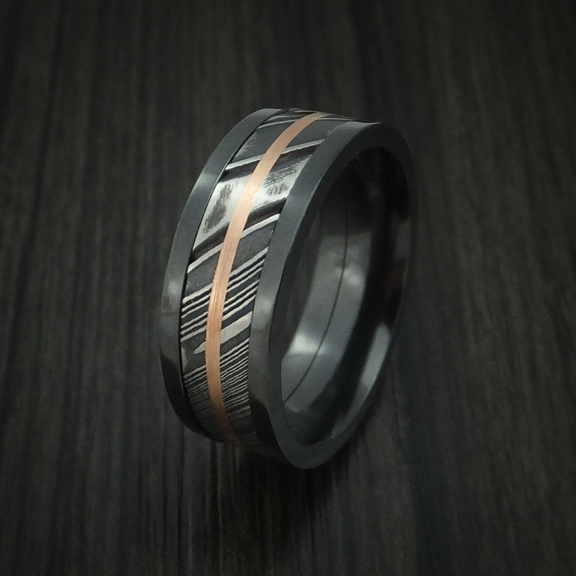 Black Zirconium and Kuro Damascus Steel Band 14K Rose Gold Center Custom Made Men's Ring