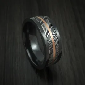 Black Zirconium and Kuro Damascus Steel Band 14K Rose Gold Center Custom Made Men's Ring