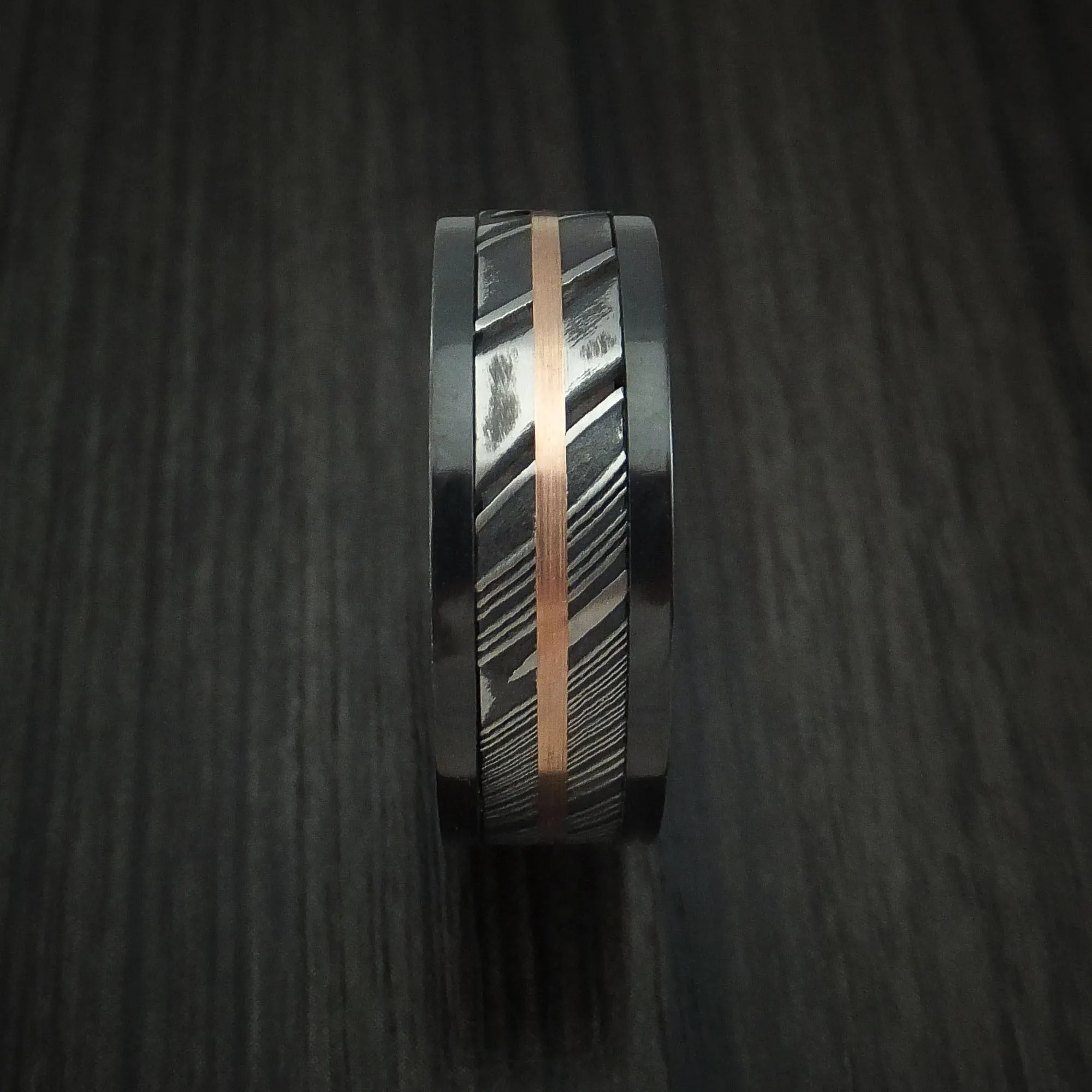 Black Zirconium and Kuro Damascus Steel Band 14K Rose Gold Center Custom Made Men's Ring