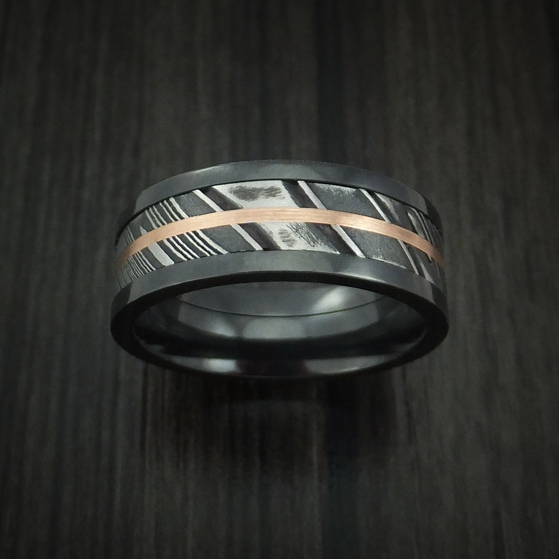 Black Zirconium and Kuro Damascus Steel Band 14K Rose Gold Center Custom Made Men's Ring