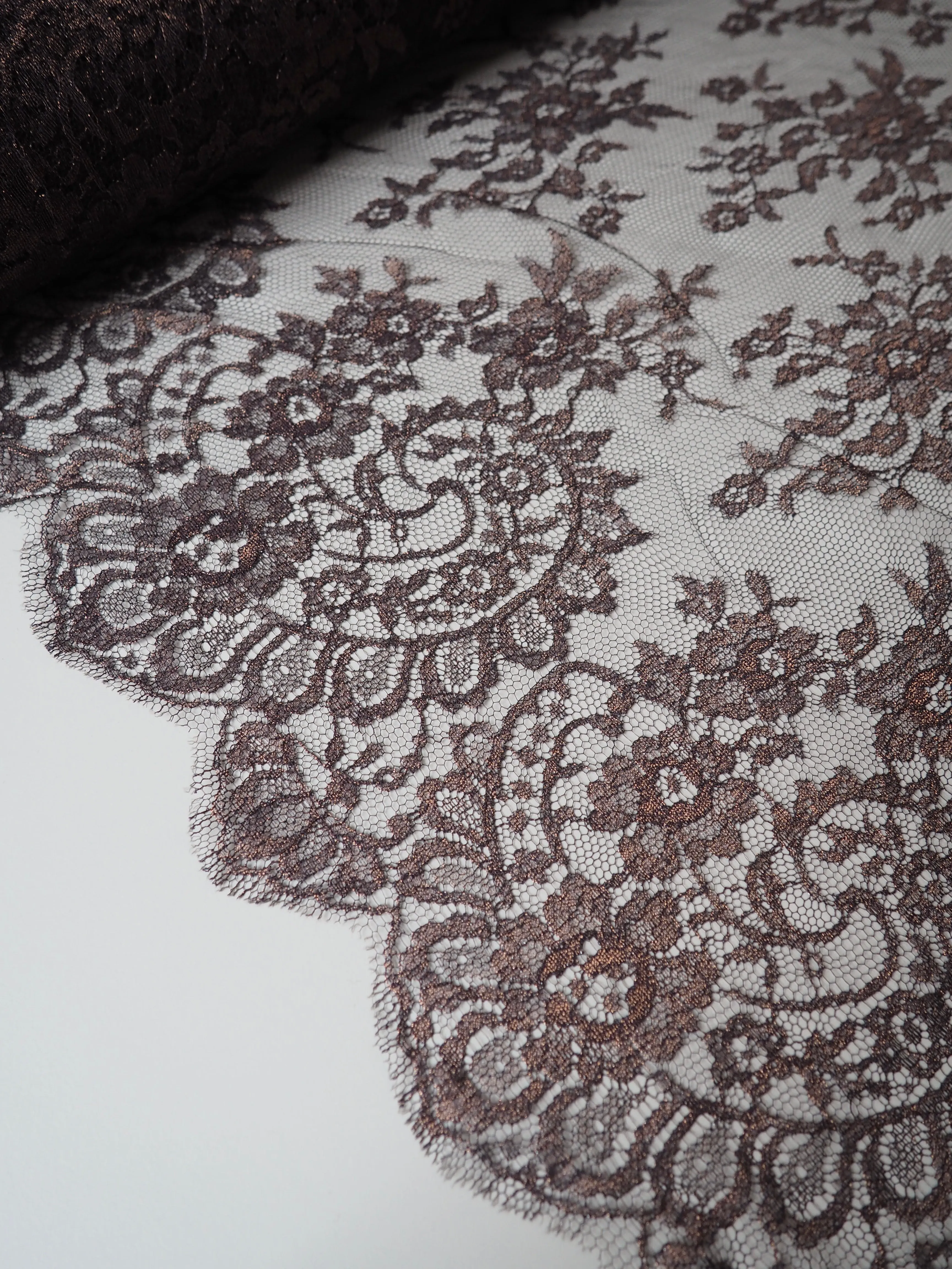 Brown Floral Scallop Lurex Lace