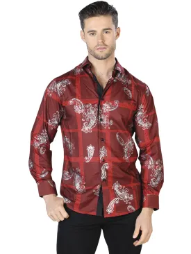 Camisa Casual Manga Larga Estampada Vino/Plata para Hombre 'El Señor de los Cielos' - ID: 44027