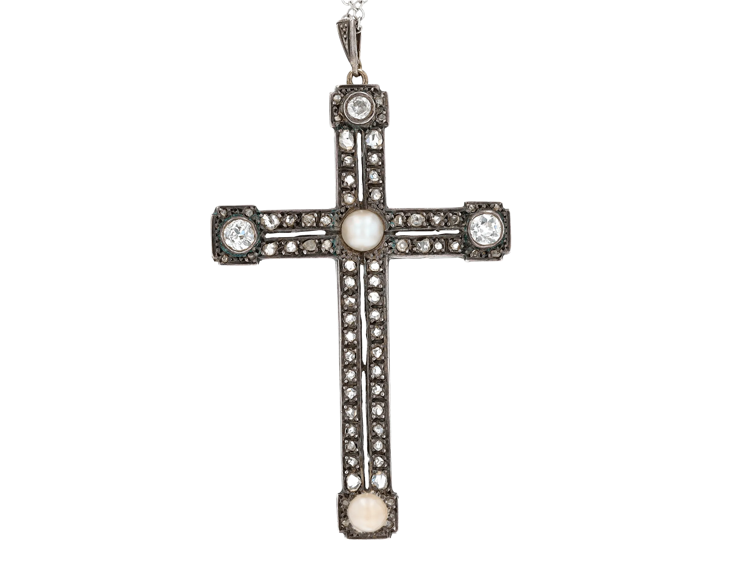 Edwardian Pearl and Diamond Cross Pendant