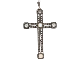 Edwardian Pearl and Diamond Cross Pendant