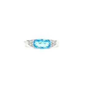 Elongated Blue Topaz Ring with Twelve Side Diamonds in 14K White Gold