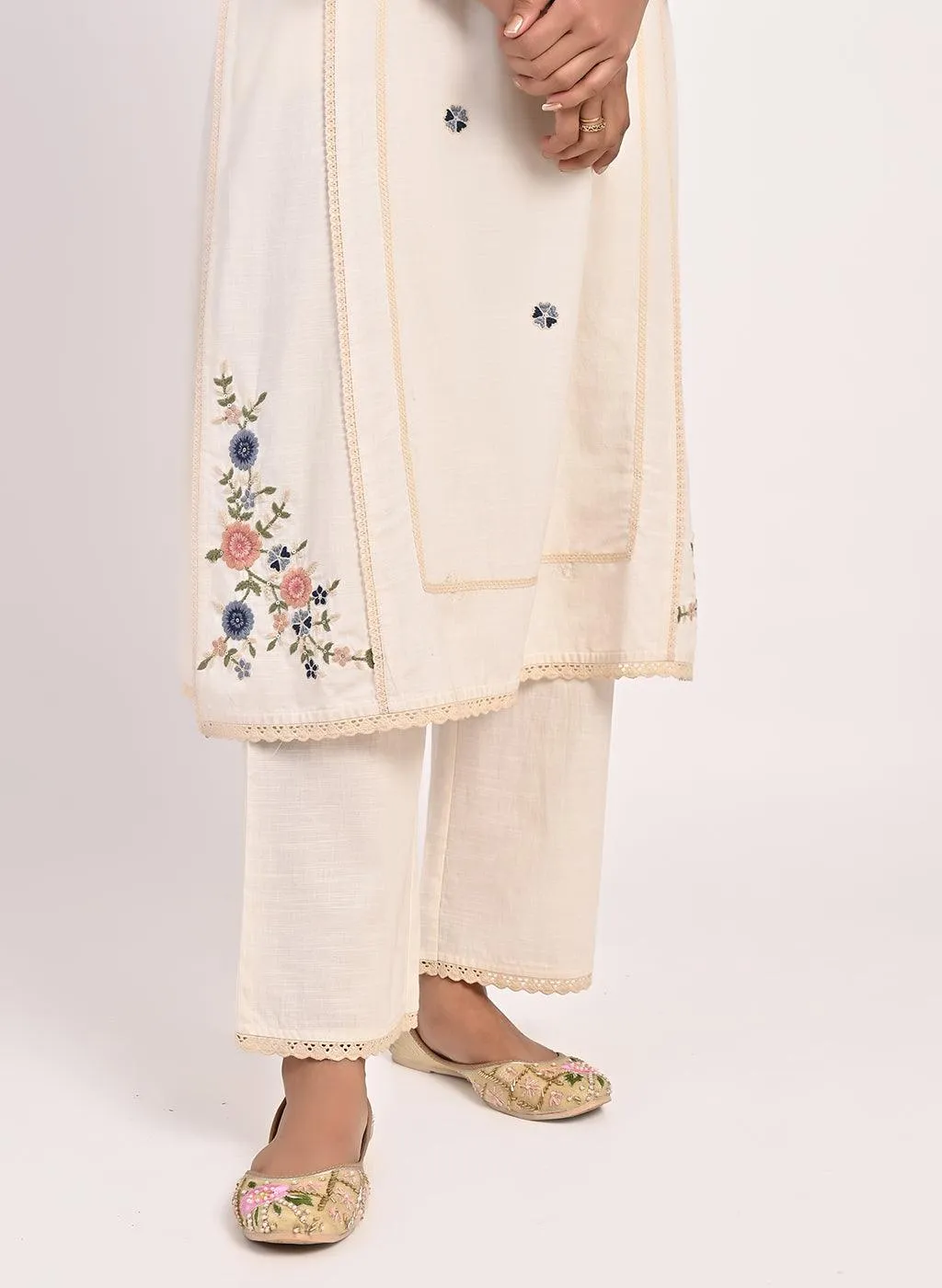 Ivory Embroidered Straight-fit Cotton Kurta Set