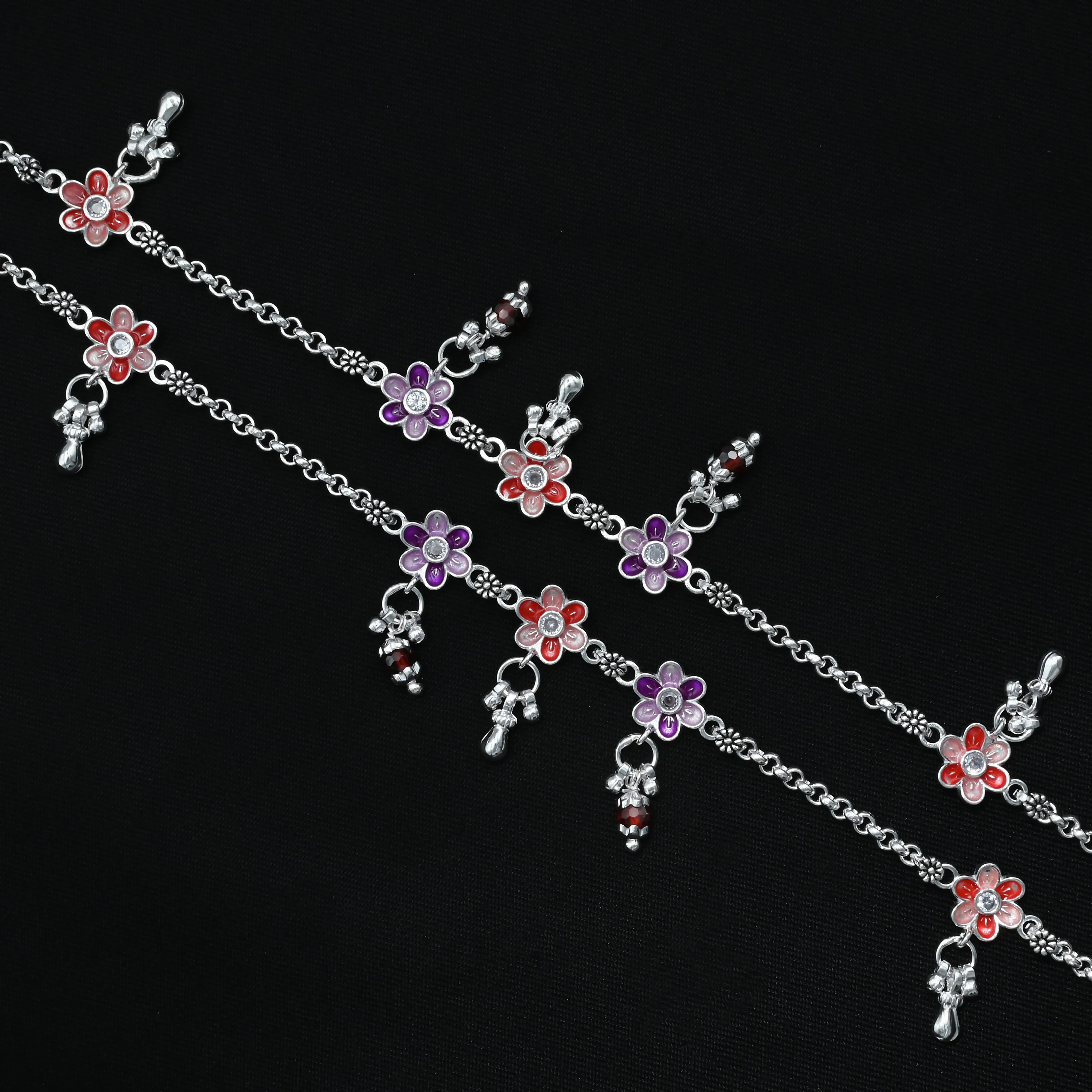 Red and Purple Flowers Interlinked Silver Payal