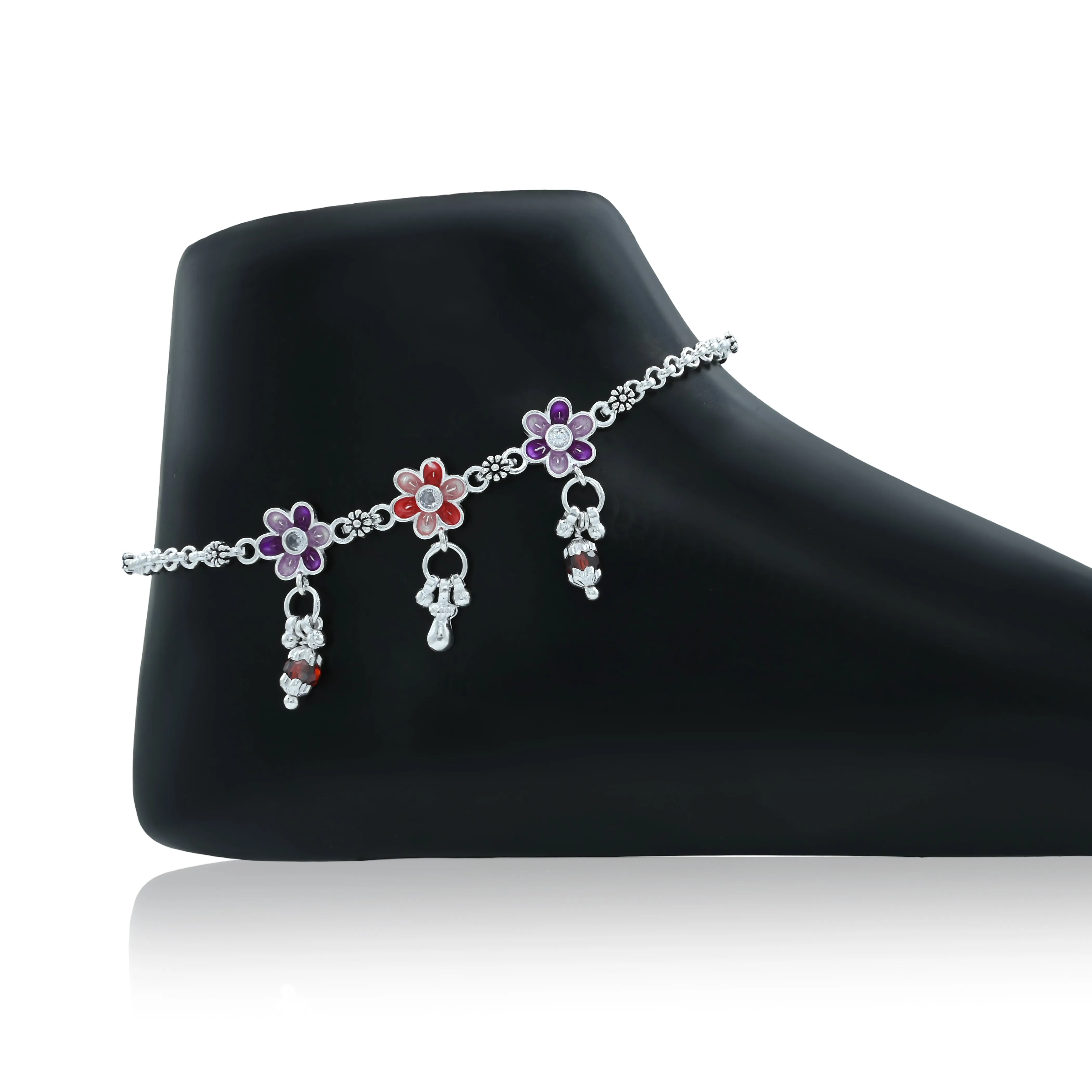 Red and Purple Flowers Interlinked Silver Payal