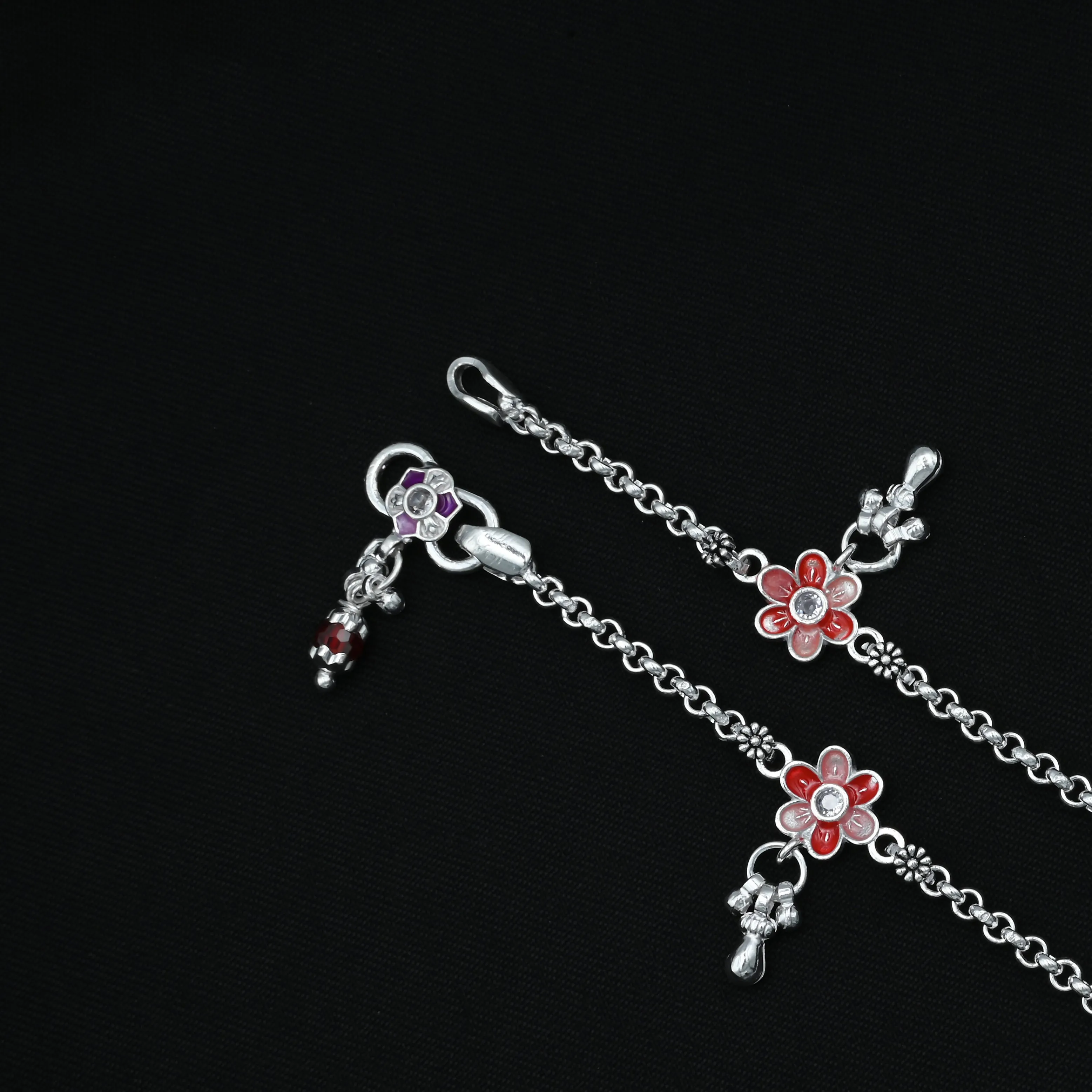 Red and Purple Flowers Interlinked Silver Payal