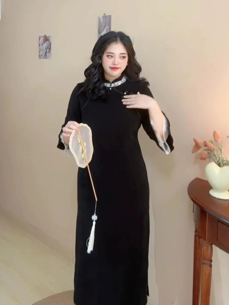 Sirong 丝绒 Velvet Lace Plus Sized Winter Long Sleeve Qipao