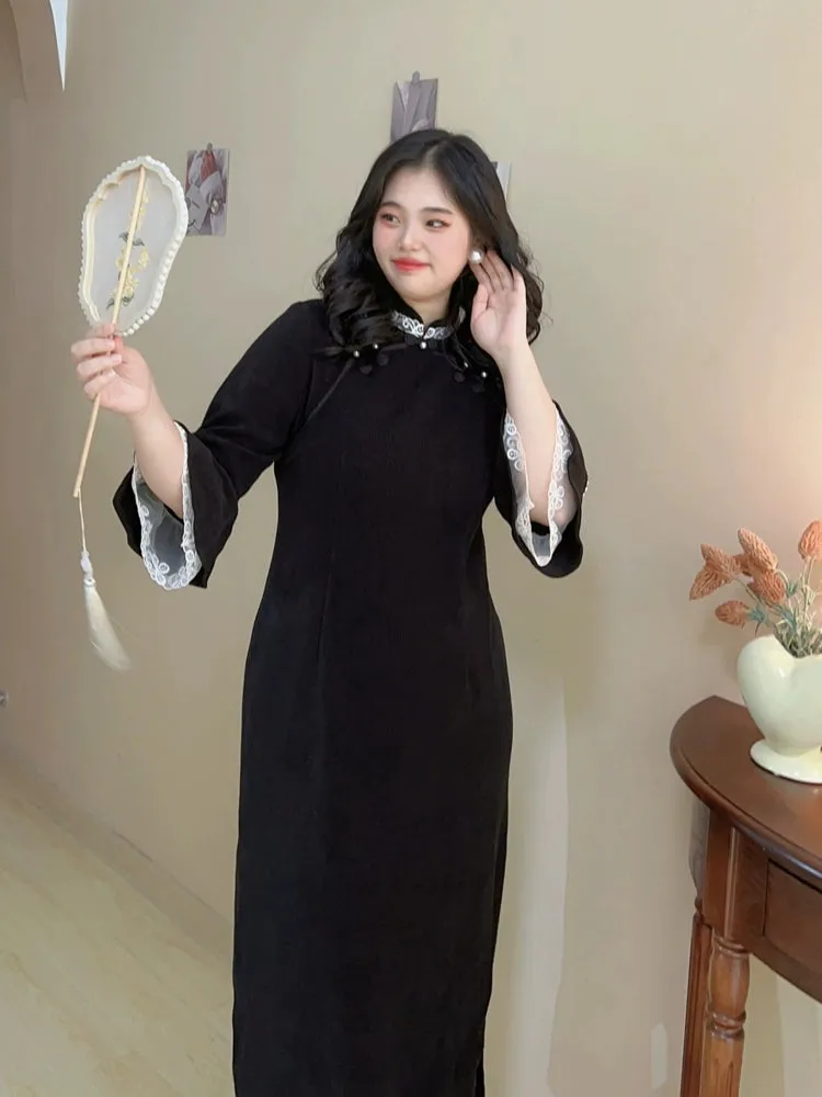 Sirong 丝绒 Velvet Lace Plus Sized Winter Long Sleeve Qipao