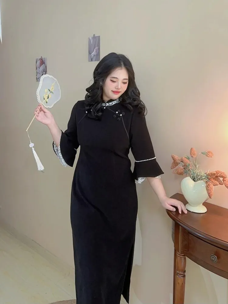 Sirong 丝绒 Velvet Lace Plus Sized Winter Long Sleeve Qipao