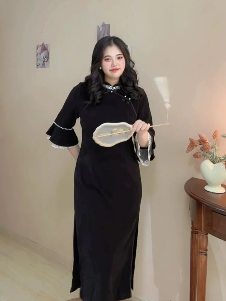 Sirong 丝绒 Velvet Lace Plus Sized Winter Long Sleeve Qipao